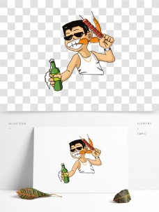 卡通可爱喝酒撸串男孩png素材