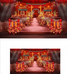 中式红色婚庆红色中式婚礼舞台效果图